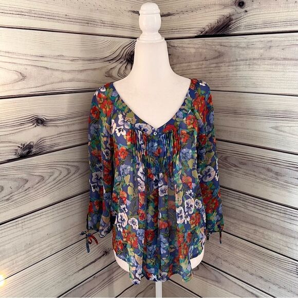 LC Lauren Conrad Blue & Red Floral Patterned Blouse - Picture 1 of 7